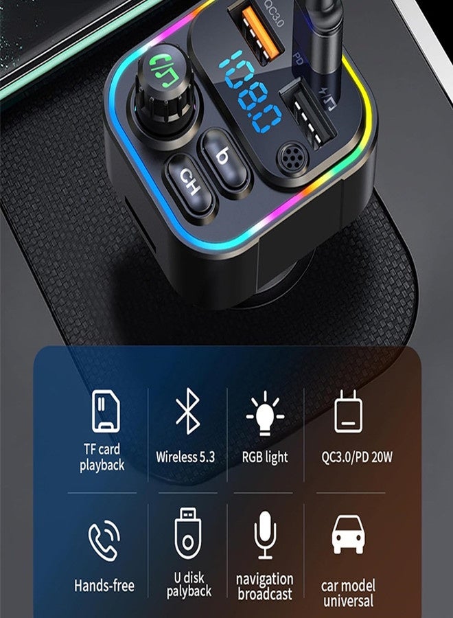 أوساويك جهاز إرسال FM بلوتوث، 22.5W PD شاحن سريع USB C مهايئ سيارة، جهاز إرسال راديو راديو راديو راديو AUX FM، اتصال حر اليدين، جهاز استقبال الصوت للسيارة - Image 2